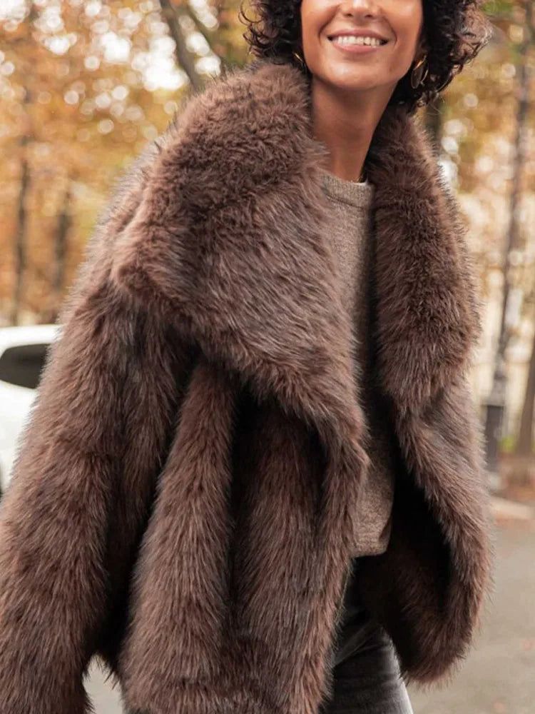 Brown Faux Fur Long Overcoat