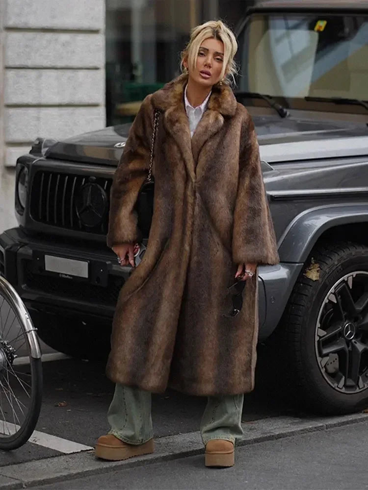 Brown Faux Fur Long Overcoat