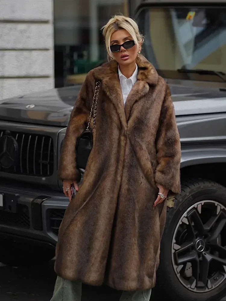 Brown Faux Fur Long Overcoat